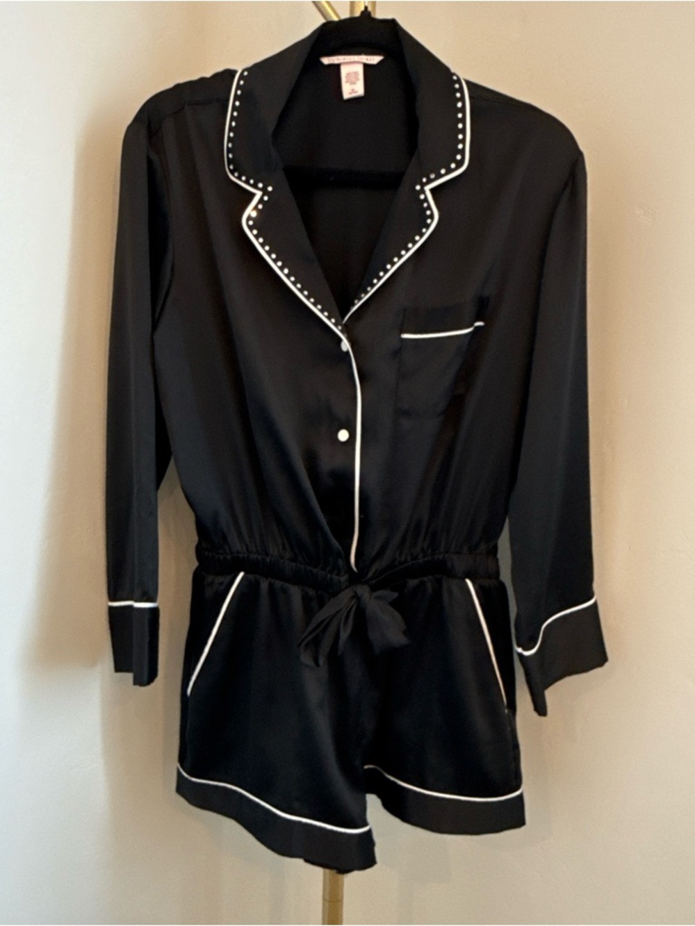 Victoria's Secret Black Satin Romper with White Piping